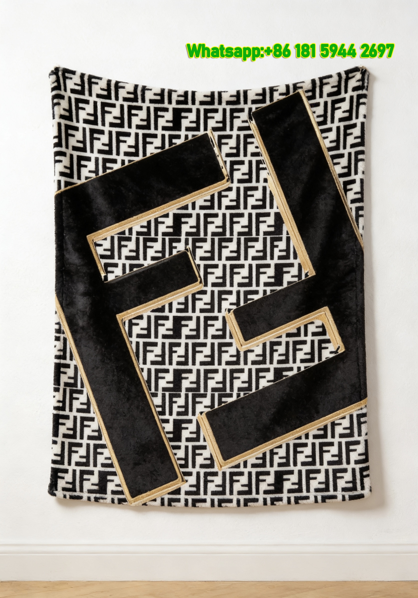 Black White & Gold Fendi FF Monogram Flannel Throw Blanket IMG_9312